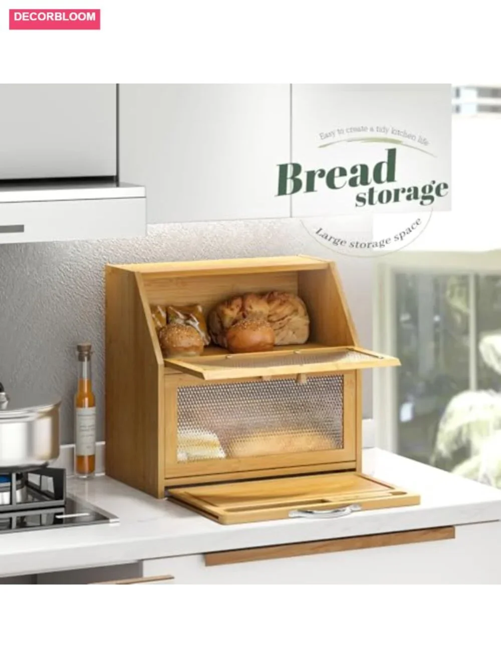 Double Layer Bamboo Bread Box with Cutting Board, Extra-large Capacity Kitchen